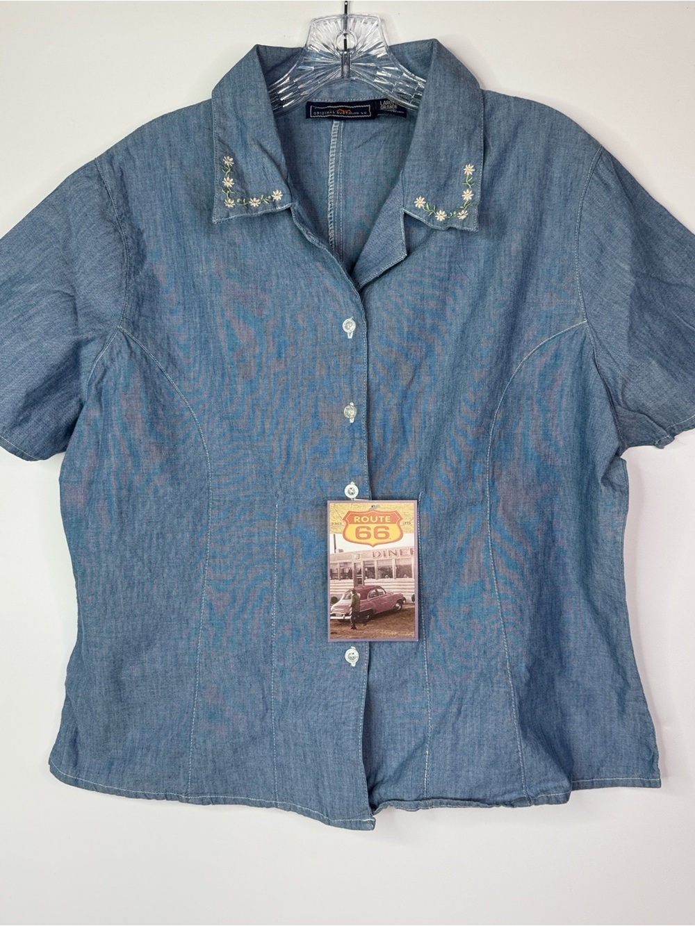 Vintage Route 66 Blue Short Sleeve Button Up Shirt Size Large